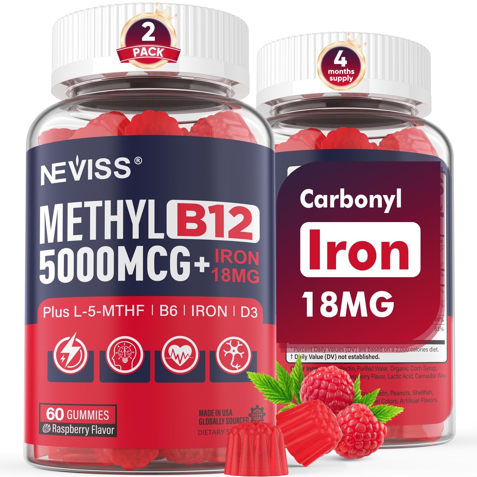 Methylated B12 Gummies 5000mcg/10000mcg & 60 Count (Pack of 2), Raspberry