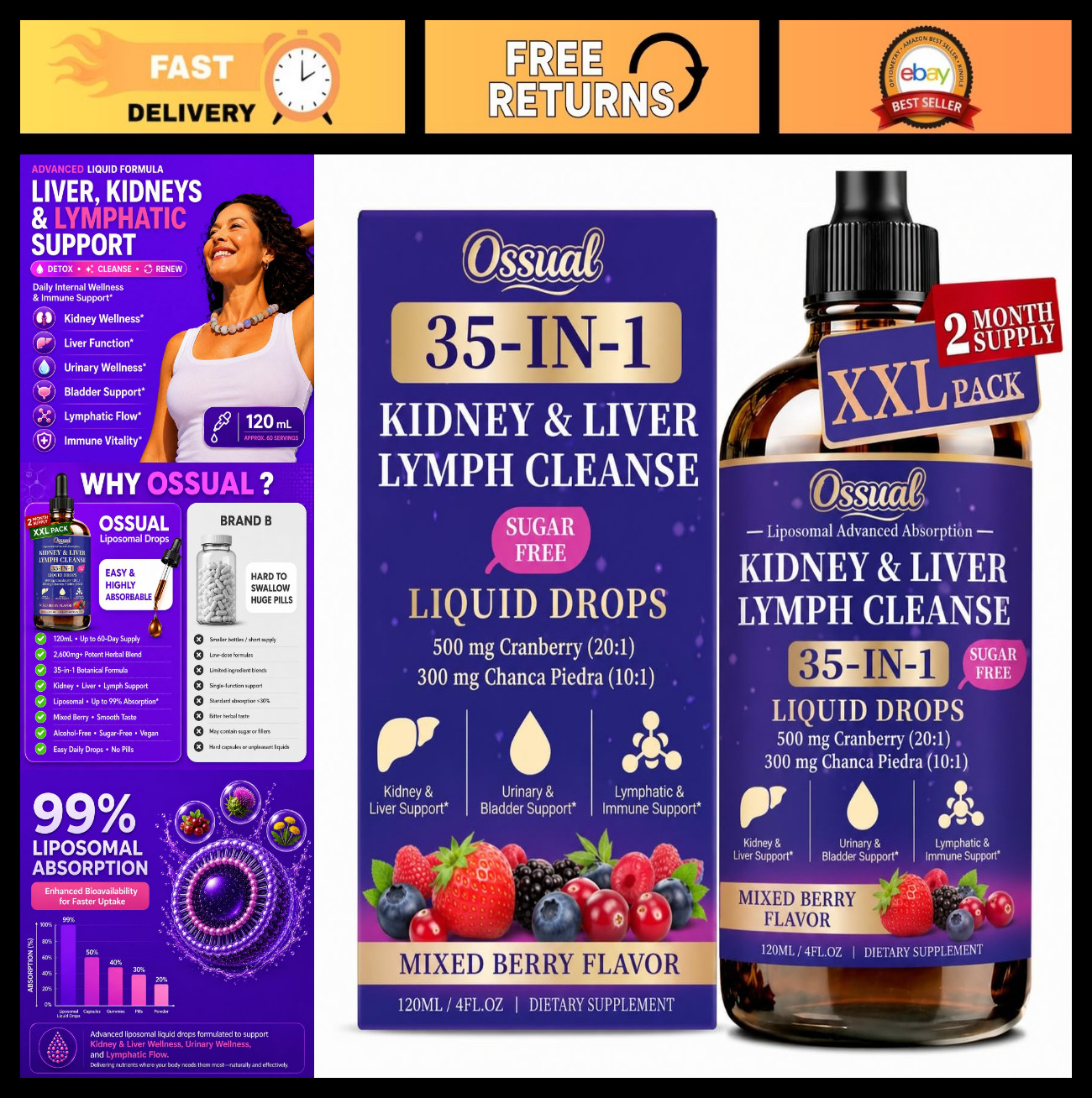 35-in-1 Detox Drops for Kidney & Liver Cleanse – Vegan Lymphatic Support, 4 FL O