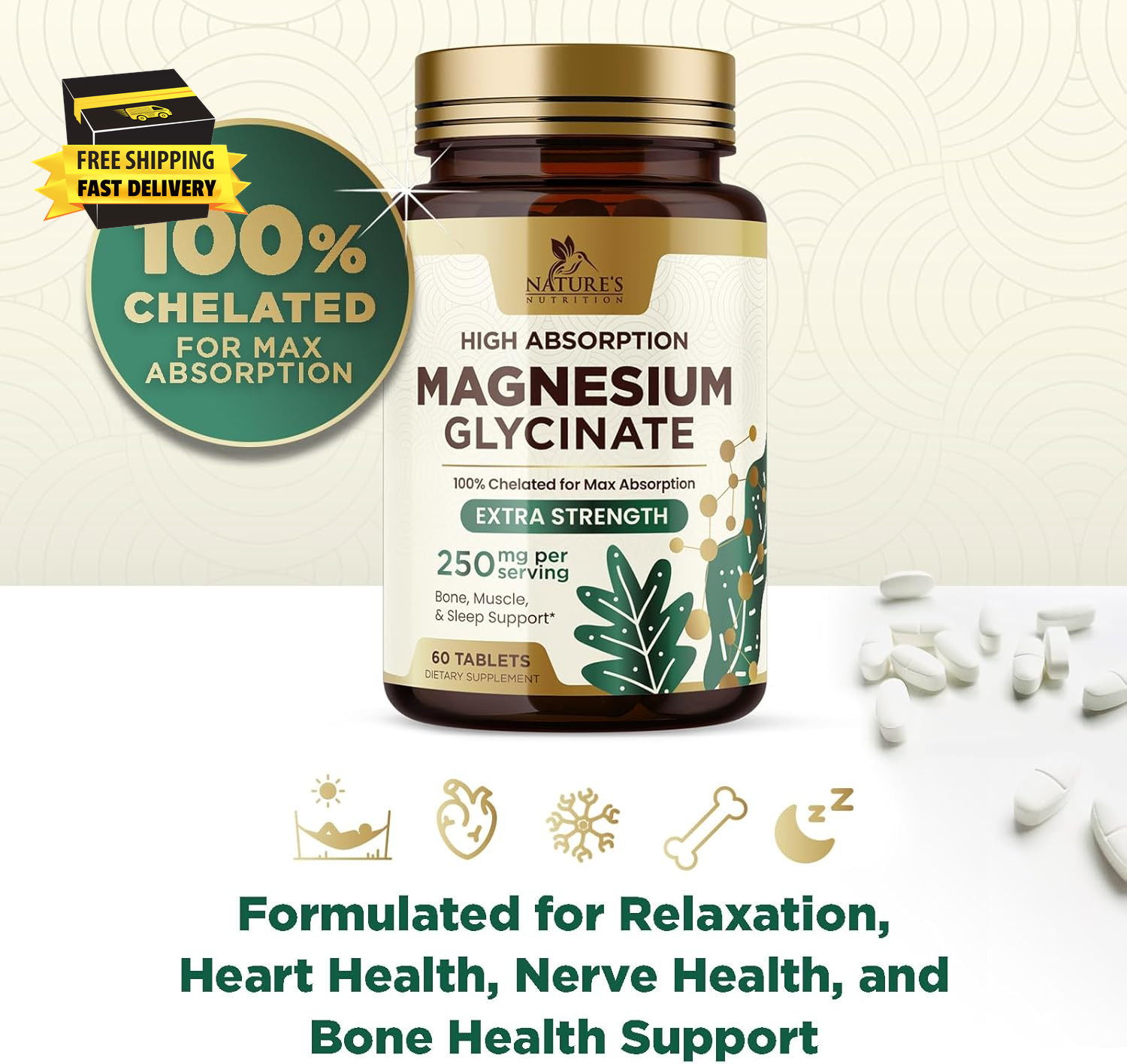 Magnesium (Glycinate) 250 Mg – 100% Chelated & High Absorption Magnesium Supplem