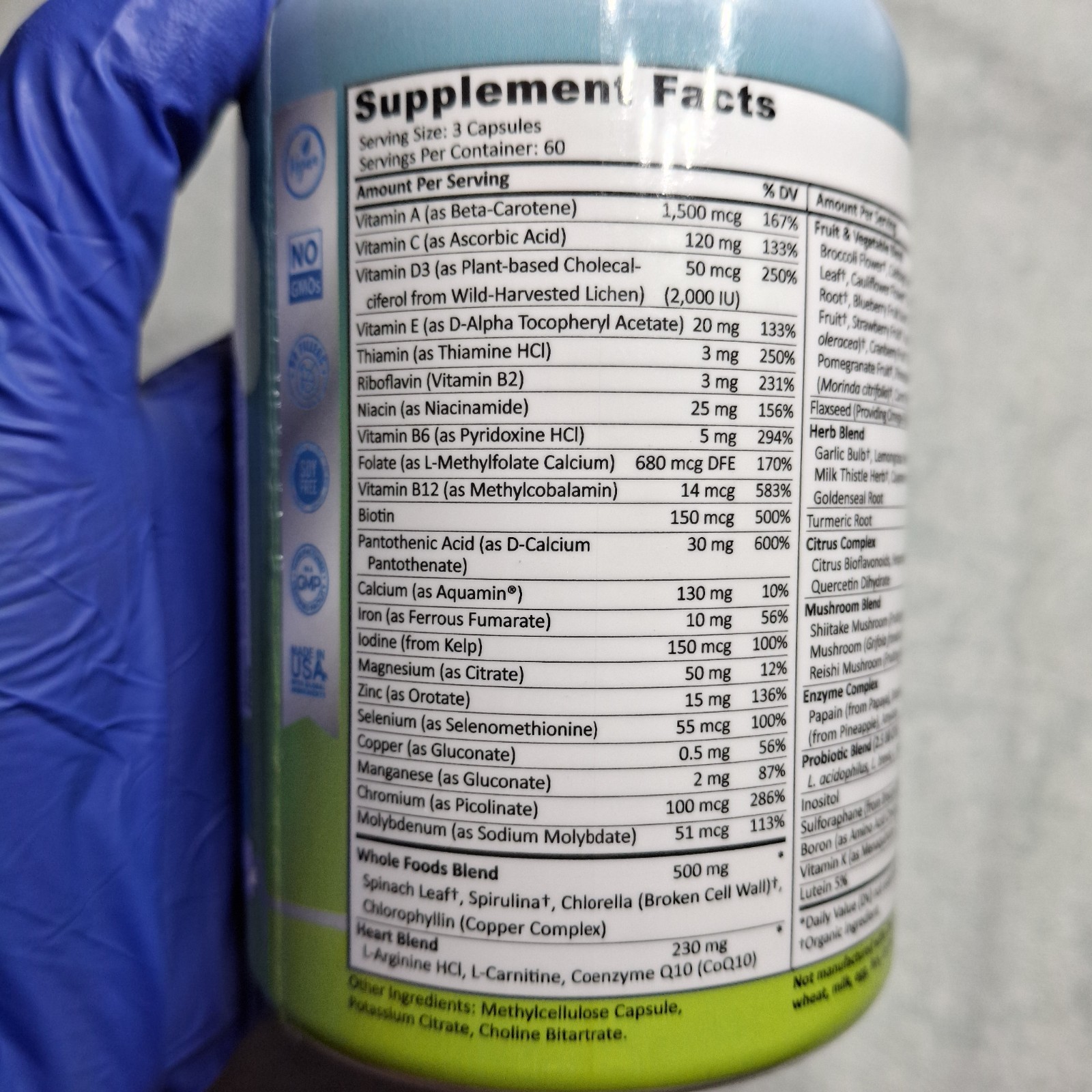 Vegan Whole Food Multivitamin w/ Iron, Probiotics, Enzymes, CoQ10, 180 Caps