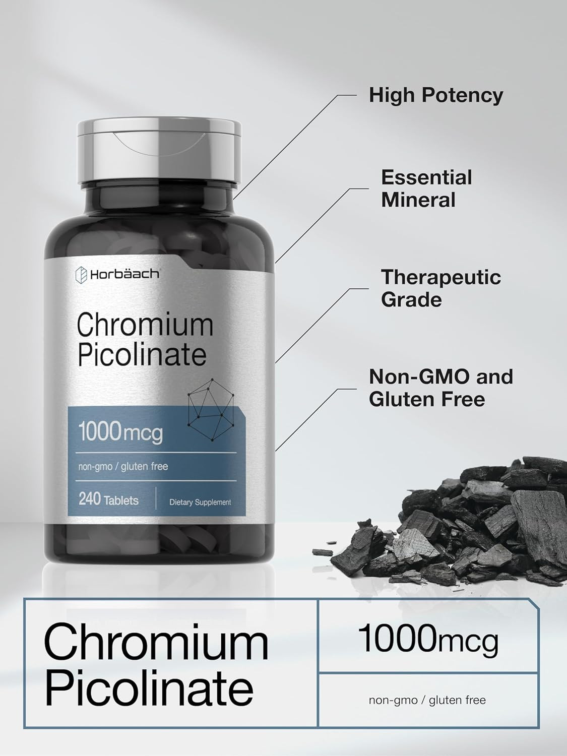 Horbäach Chromium Picolinate 1000Mcg, 240 Tablets, Vegetarian Non-Gmo Supplement