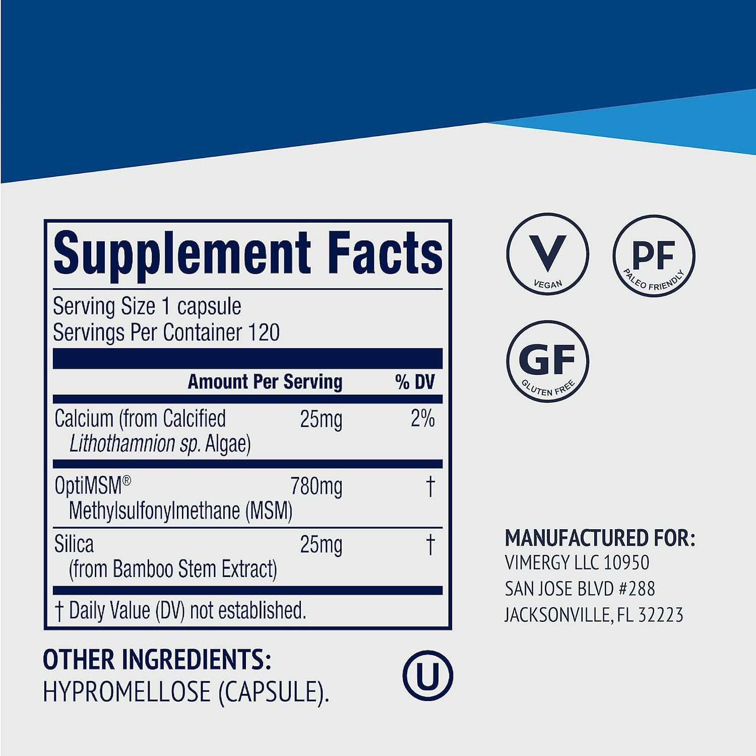 Vimergy MSM with Silica + Calcium Capsules 120 Servings – Supports Bone Healt…