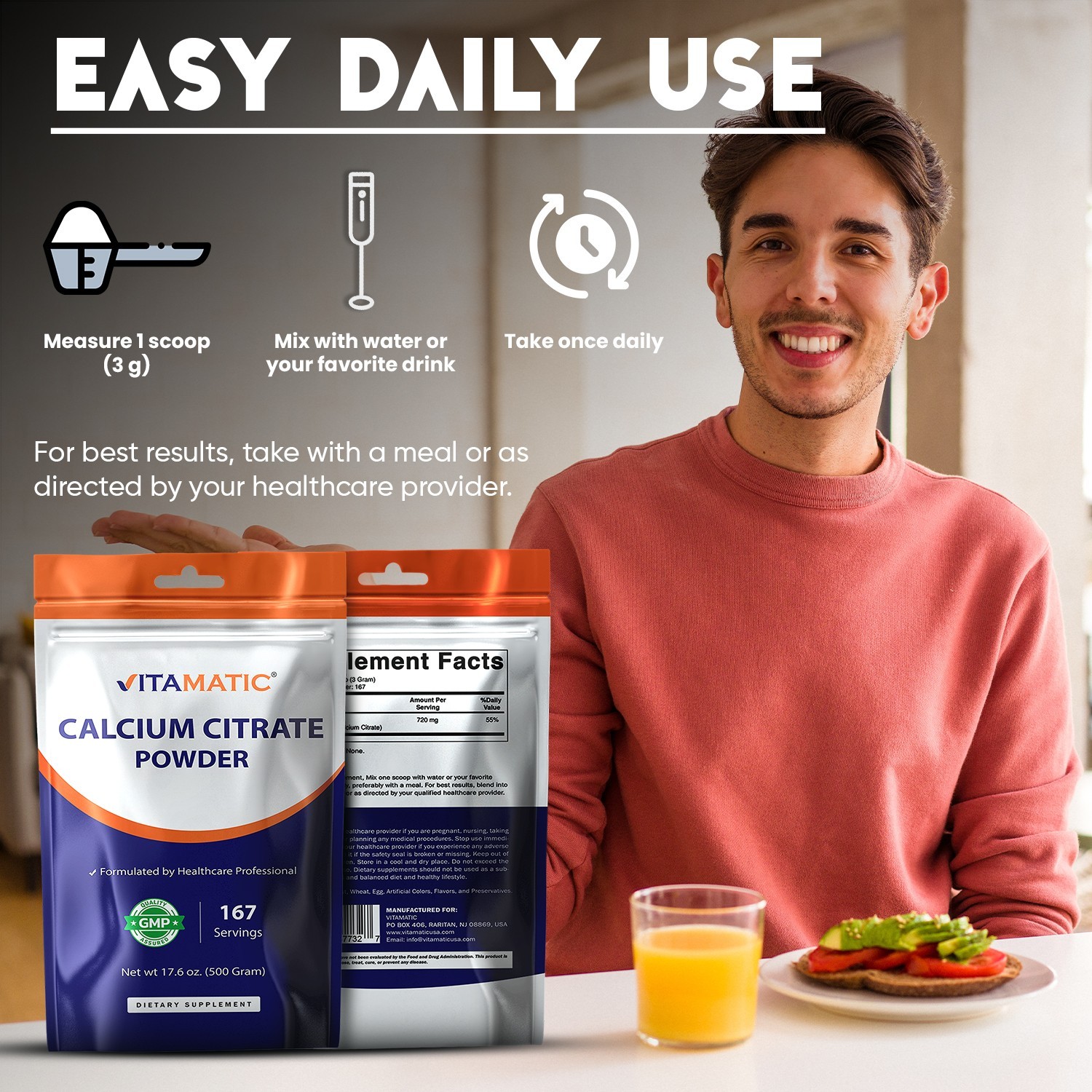 Vitamatic Calcium Citrate Powder – 3000 mg per Serving – 500 G (17.6 Oz)