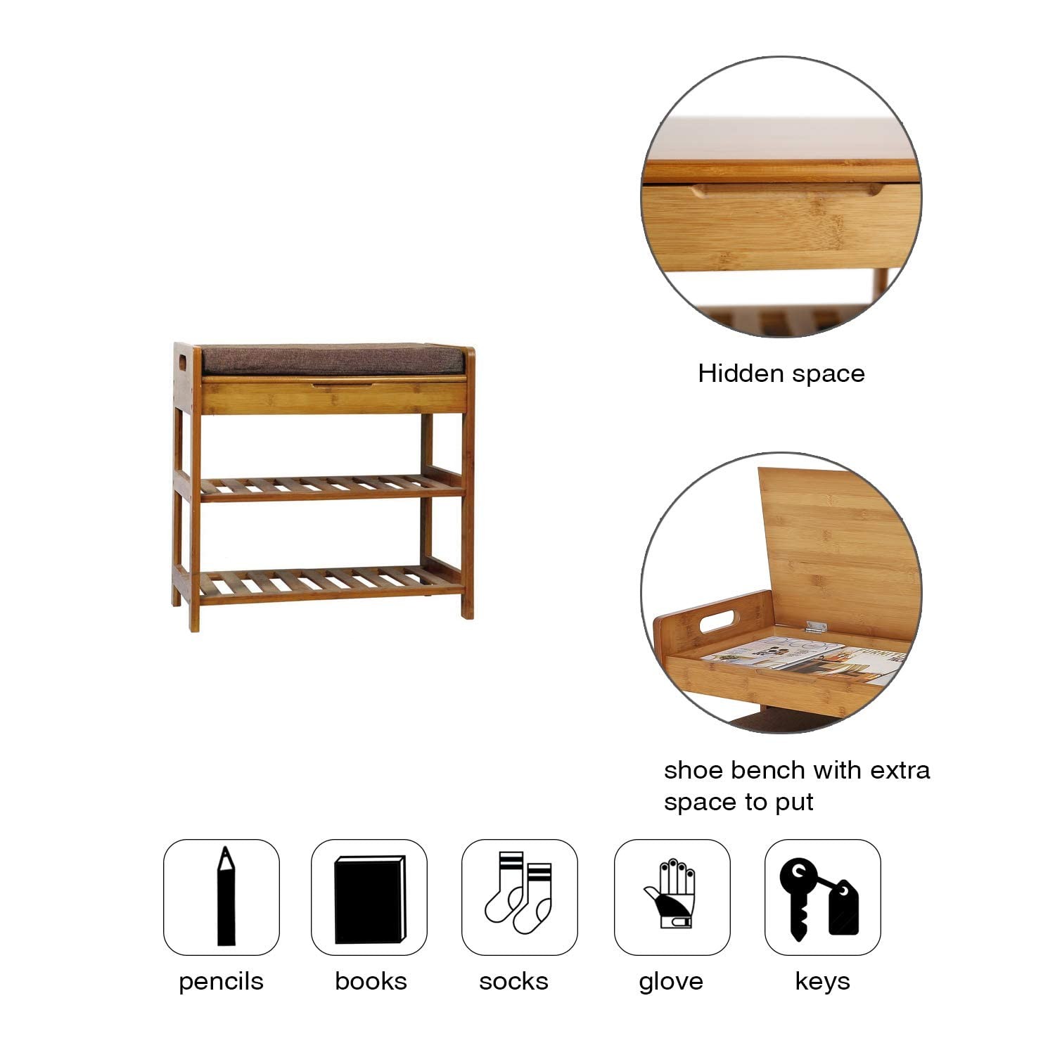 3-Tier Shoe Rack Bench Entryway Storage Shelf Holds up to 240 LBS Bamboo New