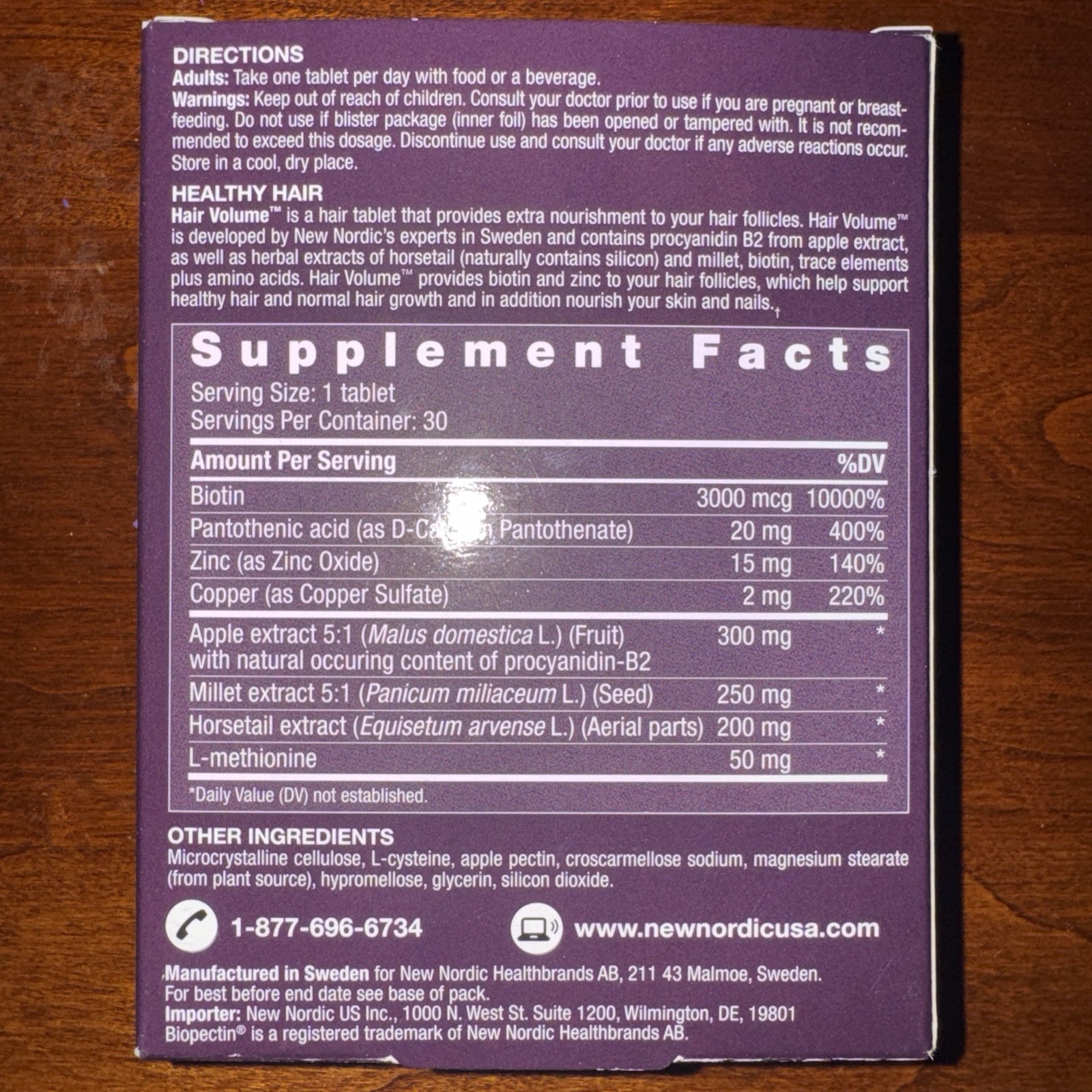 Nordic Hair Volume w/Botanicals, 30 Tablets Exp 10/2026 Biopectin Apple Extract