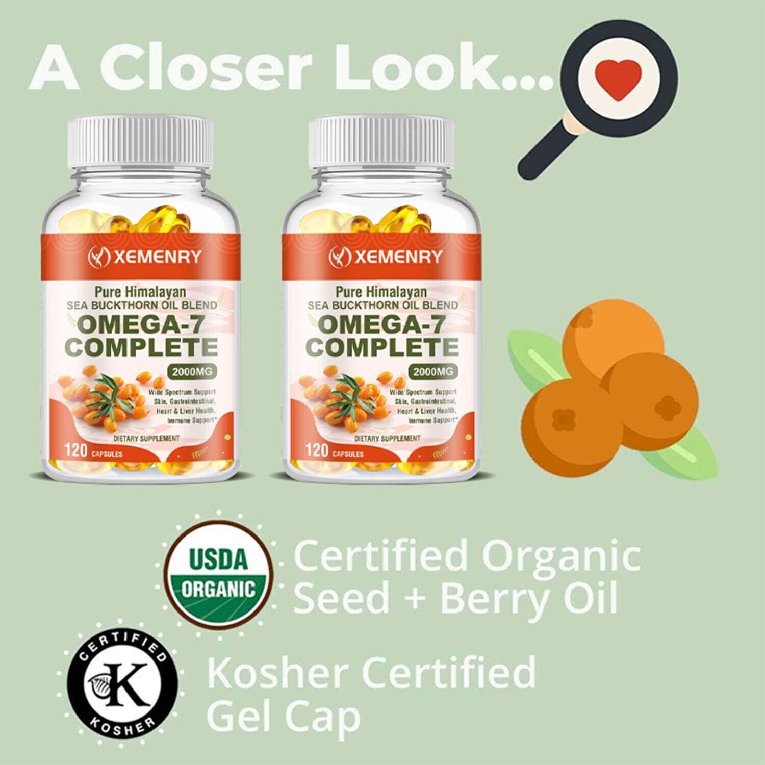 Omega-7 Complete 2000mg – for Skin, Hair,Nail Health – Organic Sea Buckthorn Oil