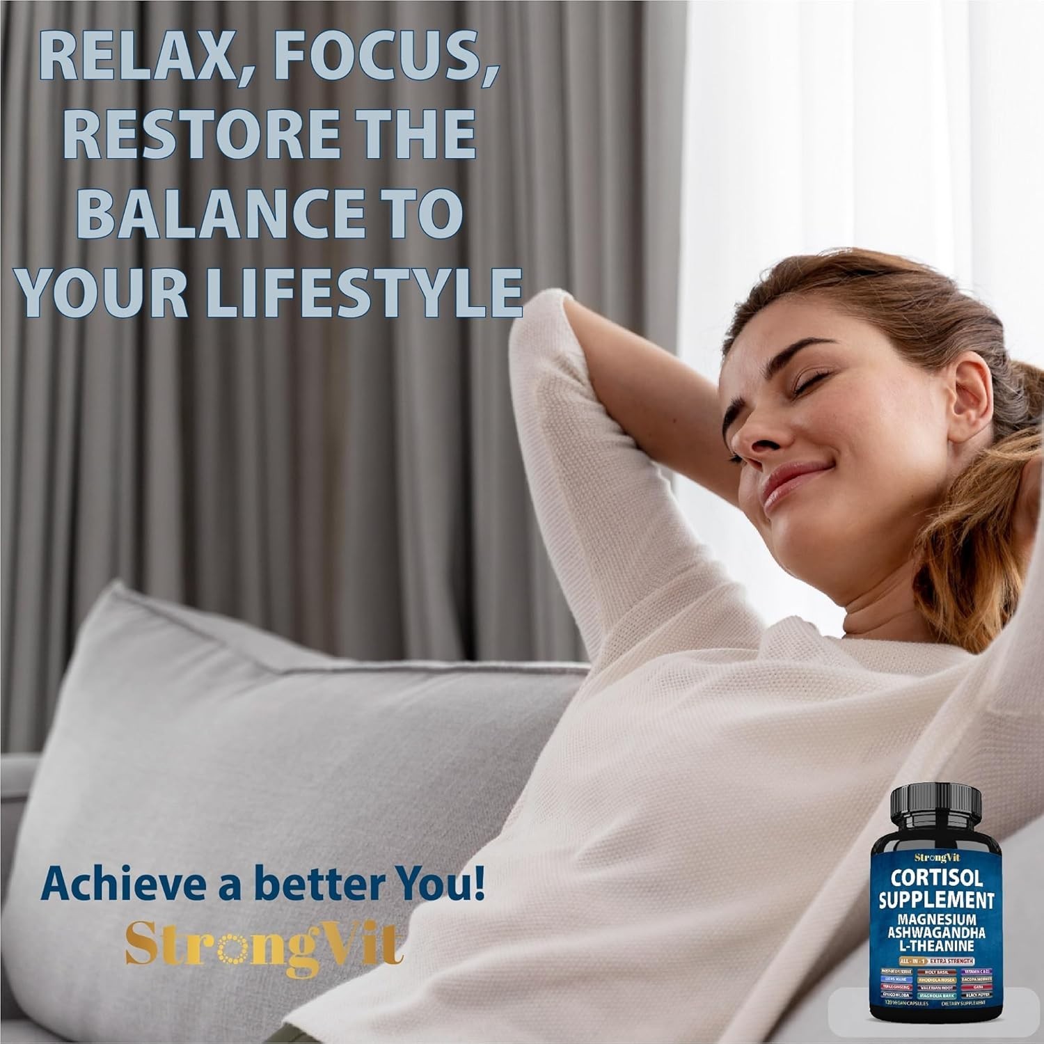 Extra Strength Cortisol Supplements with L-Theanine & Adaptogens – 120 Count