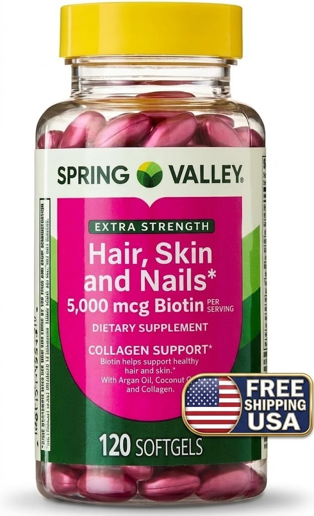 Spring Valley Extra Strength Hair Skin Nails Biotin 5000 mcg 120 Softgels New
