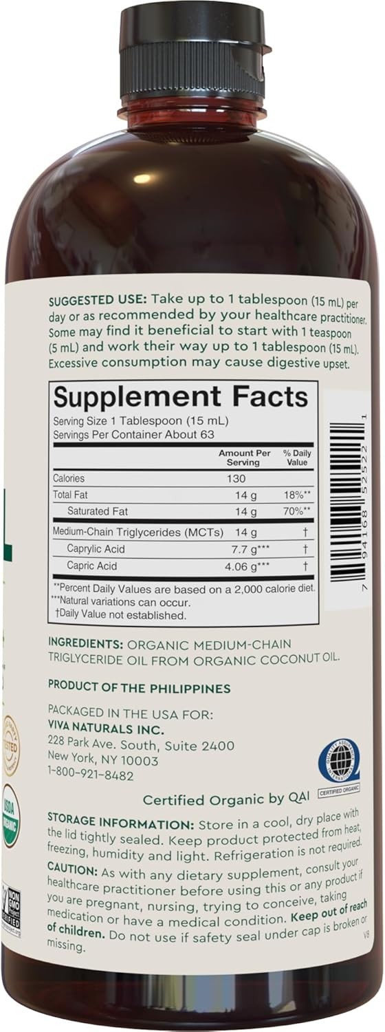 Viva Naturals Organic MCT Oil, 32 fl oz – MCT Oil for Coffee, USDA Organic