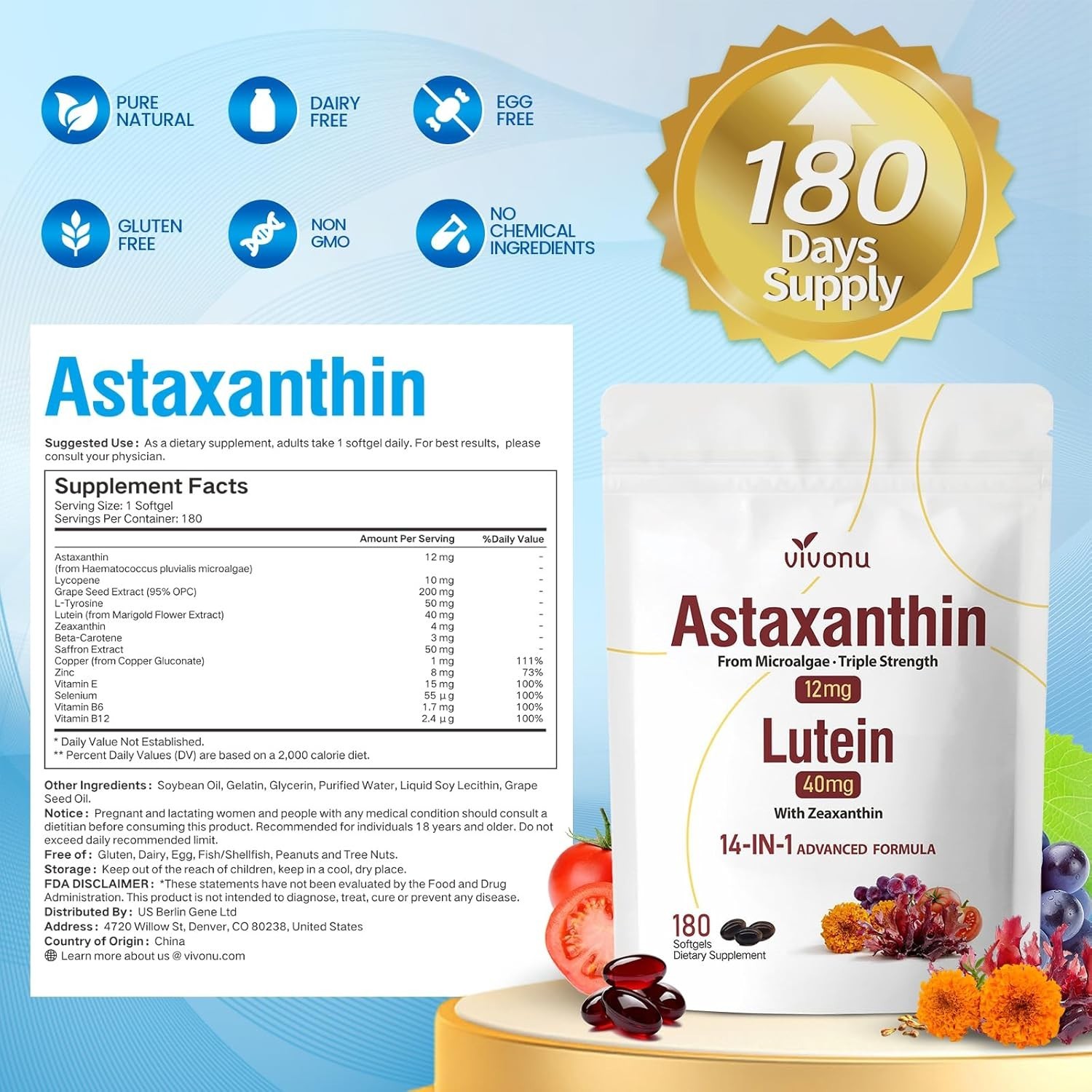 Daily Eye & Skin Health: 14-in-1 Astaxanthin and Lutein Supplement 180 Softgels