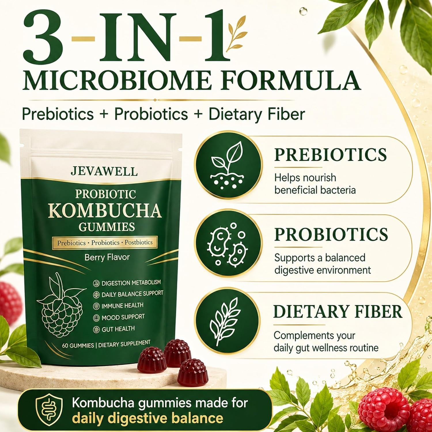Jevawell Kombucha Gummies | Probiotic Kombucha Gummies Supplement for Women | wi