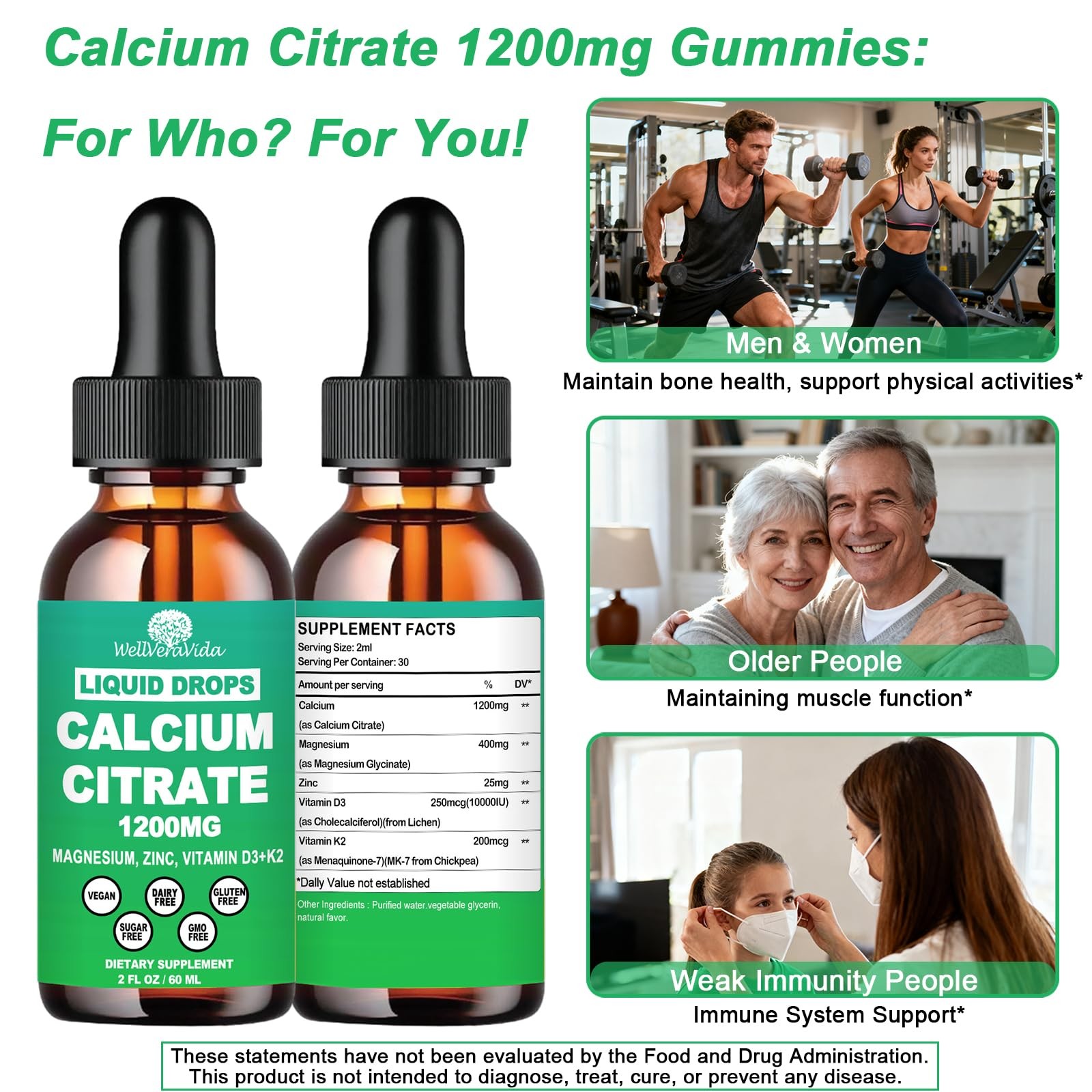 Calcium 1200 mg with Vitamin D3, Citrate 2 Fl Oz (Pack of 1)