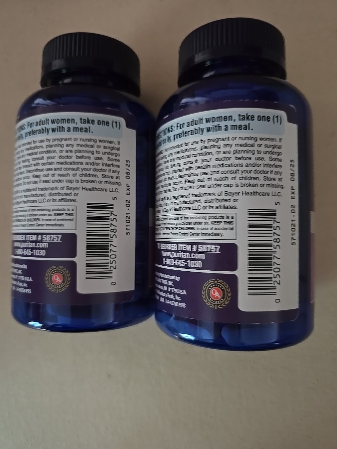 2 WOMENS ONE DAILY MULTI-VITAMIN by PURITANS PRIDE w/Zinc 200 Caplets. EXP: 8/25