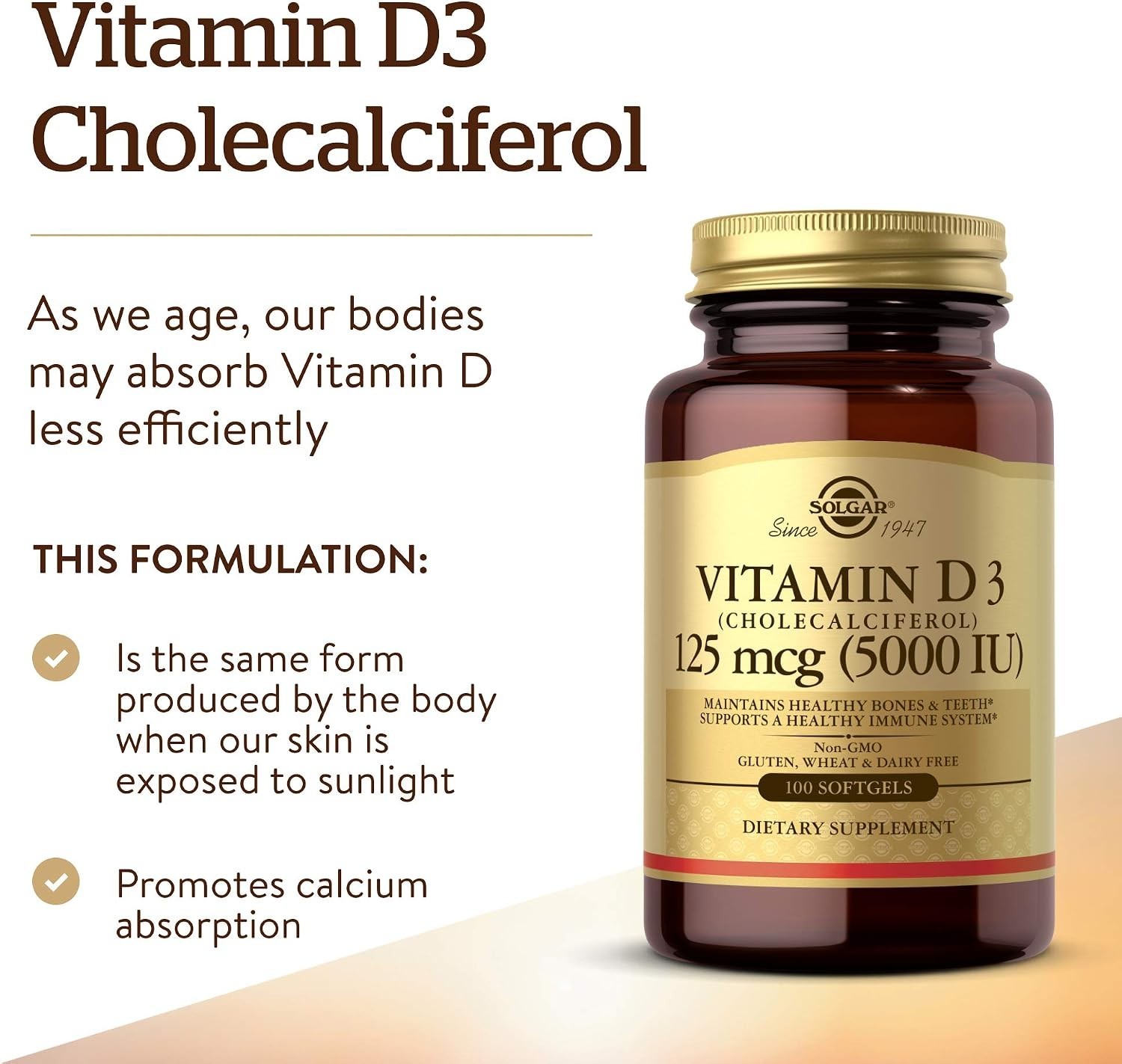 Solgar Vitamin D3 Cholecalciferol 125 mcg 5000 IU 100 Softgels