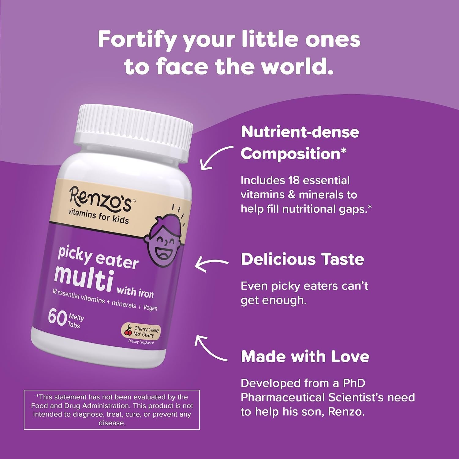 Renzo’s Kids Multivitamin Iron Zinc Vitamin C D E K 60-Count Cherry Sugar-Free
