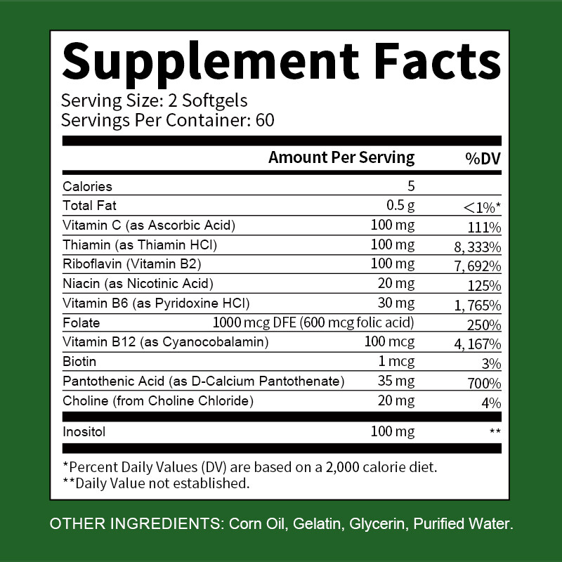 Vitamin B Complex Capsules B1,B2,B3,B5,B6,B7,B9,B12,Immune Support – 120Pills