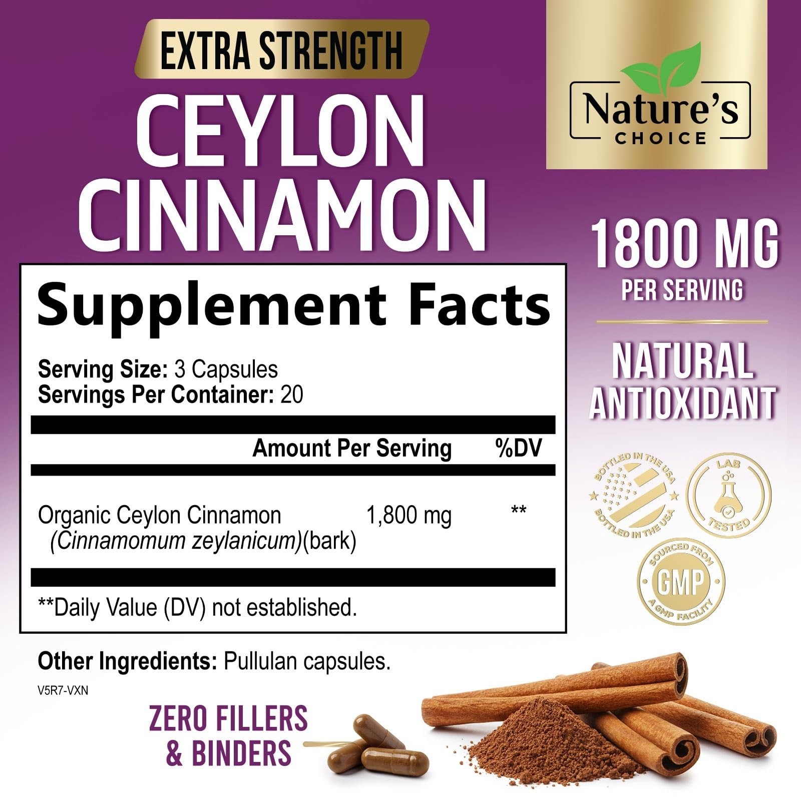 Nature’s Choice Ceylon Cinnamon Capsules – 100% Organic – 60 Count