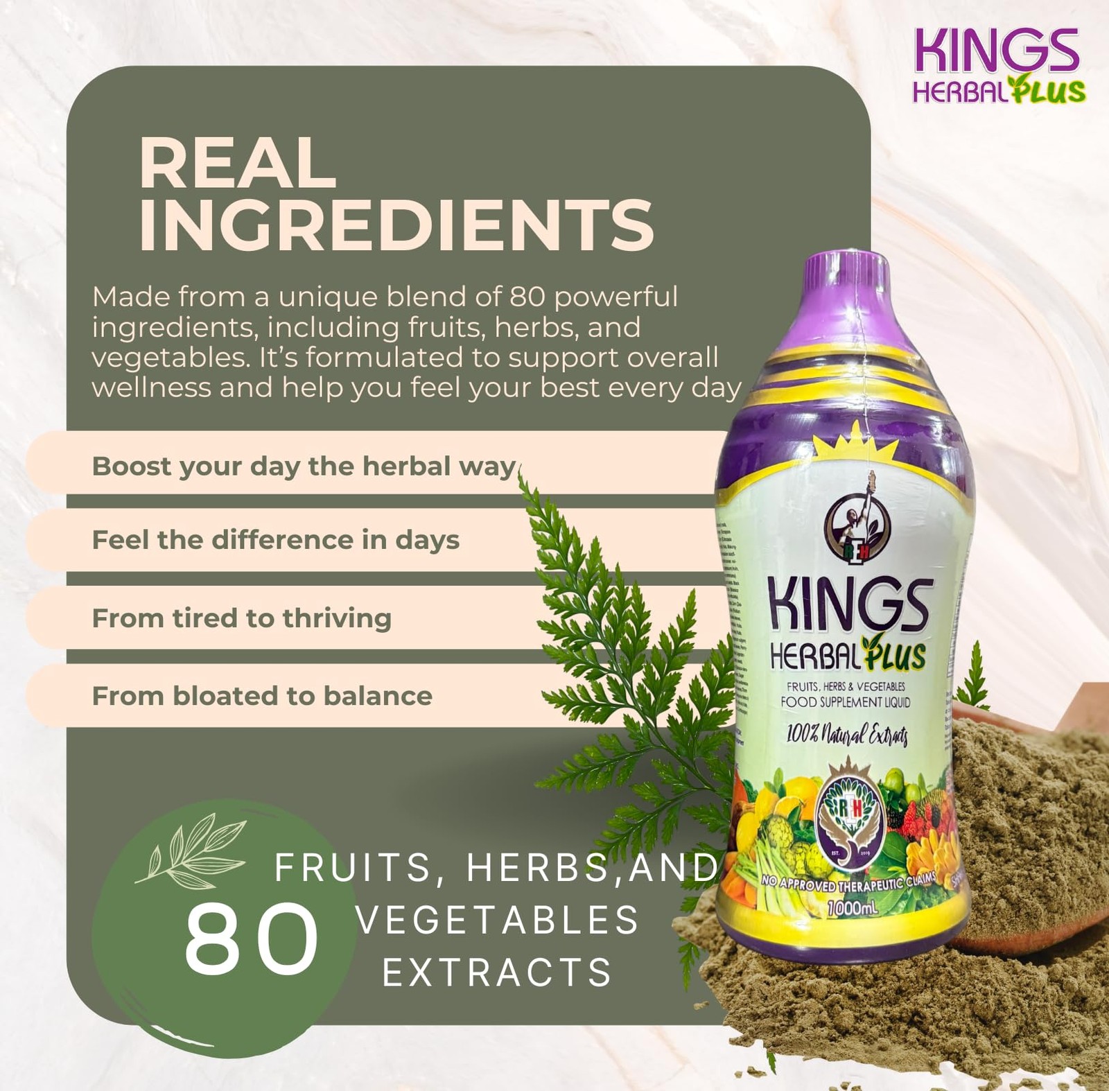 Kings Herbal Plus Food Supplement 1000Ml Fruits Herbs Vegetable Fusion 2 Bottles
