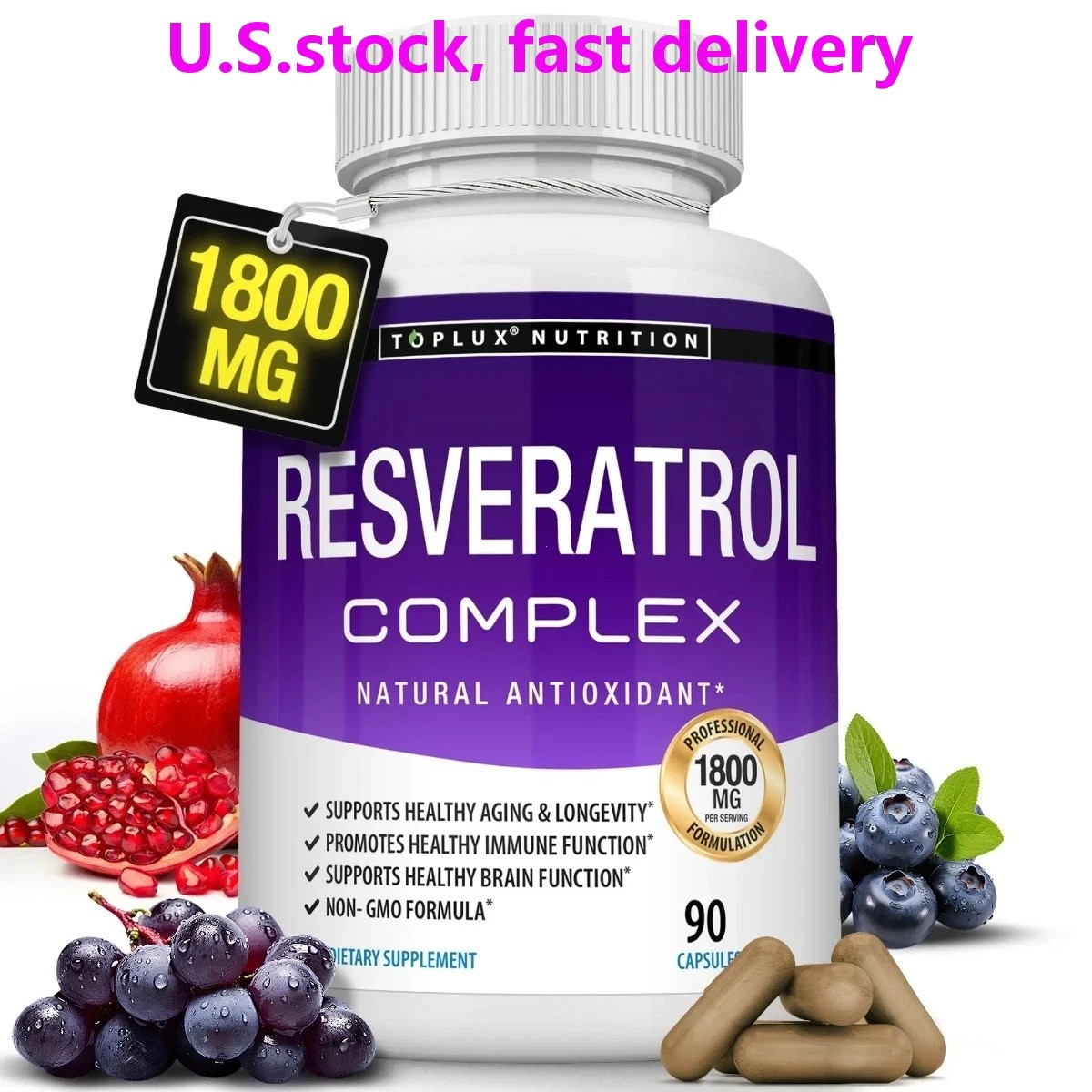 Resveratrol Complex 1800mg, Natural Antioxidant 90 Non-GMO Capsules