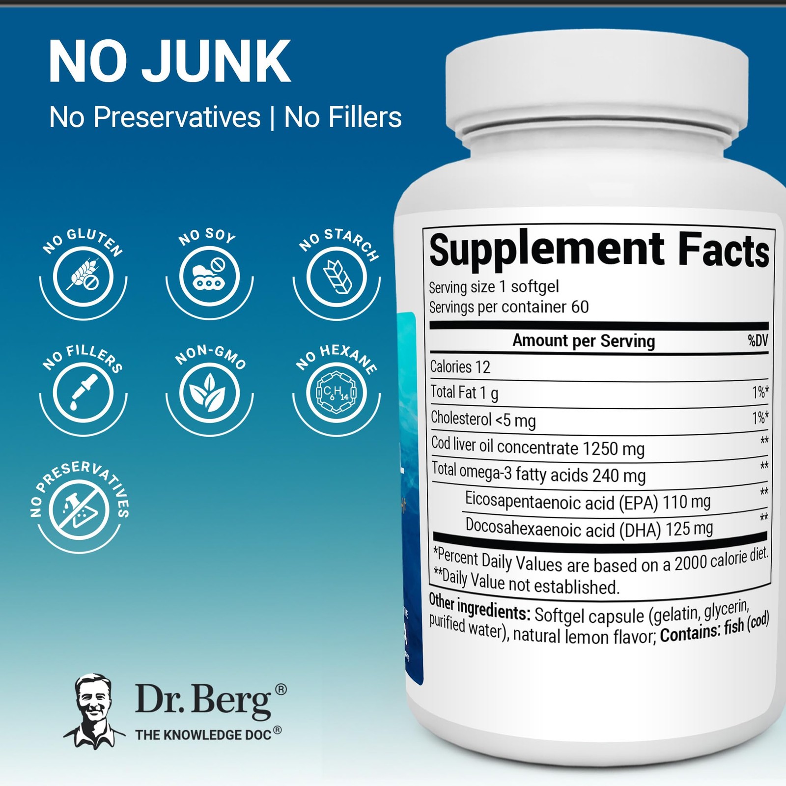Dr. Berg Omega-3 Cod Liver Fish Oil 60 Softgels – Wild-Caught Icelandic Cod –