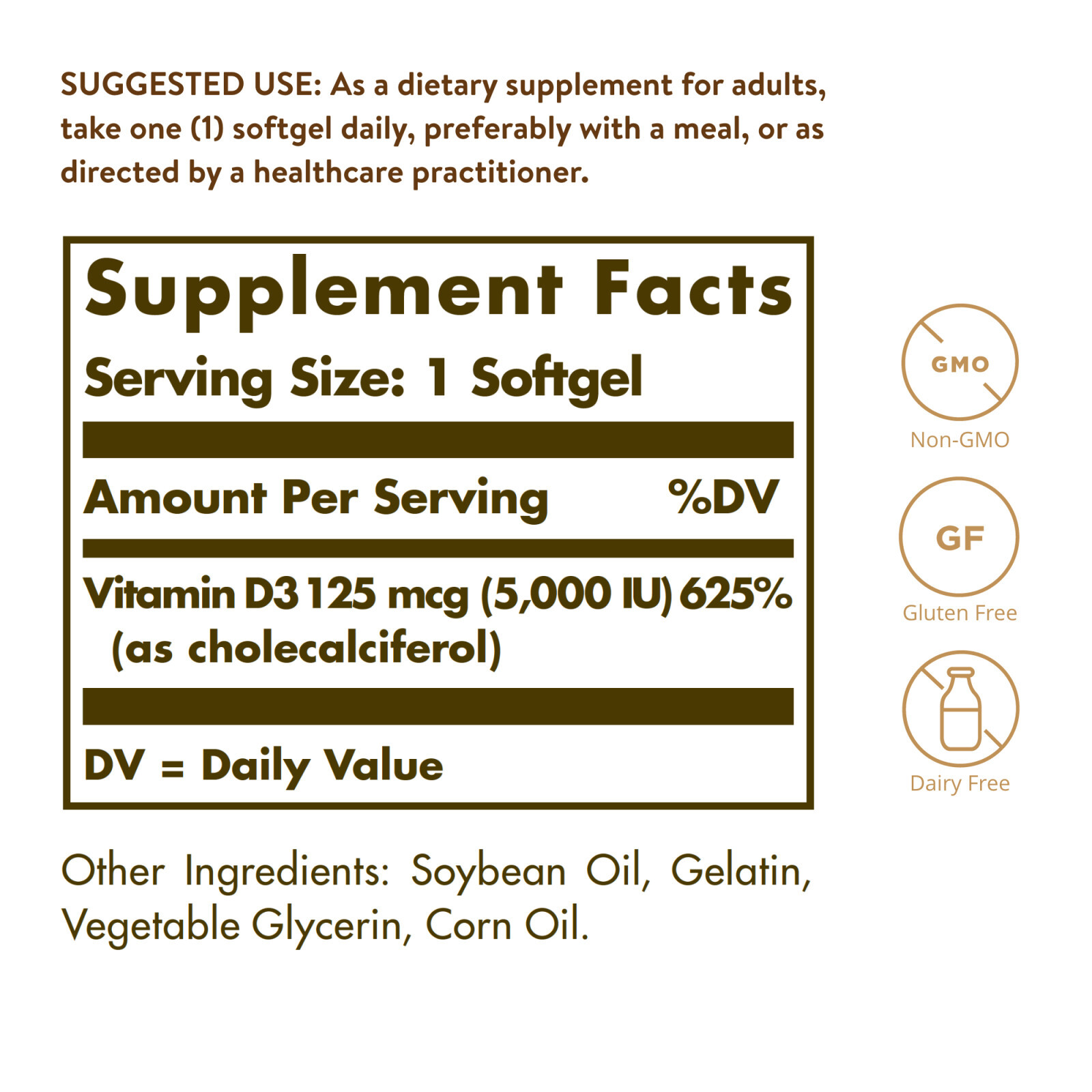 Solgar Vitamin D3 Cholecalciferol 125 mcg 5000 IU 100 Softgels