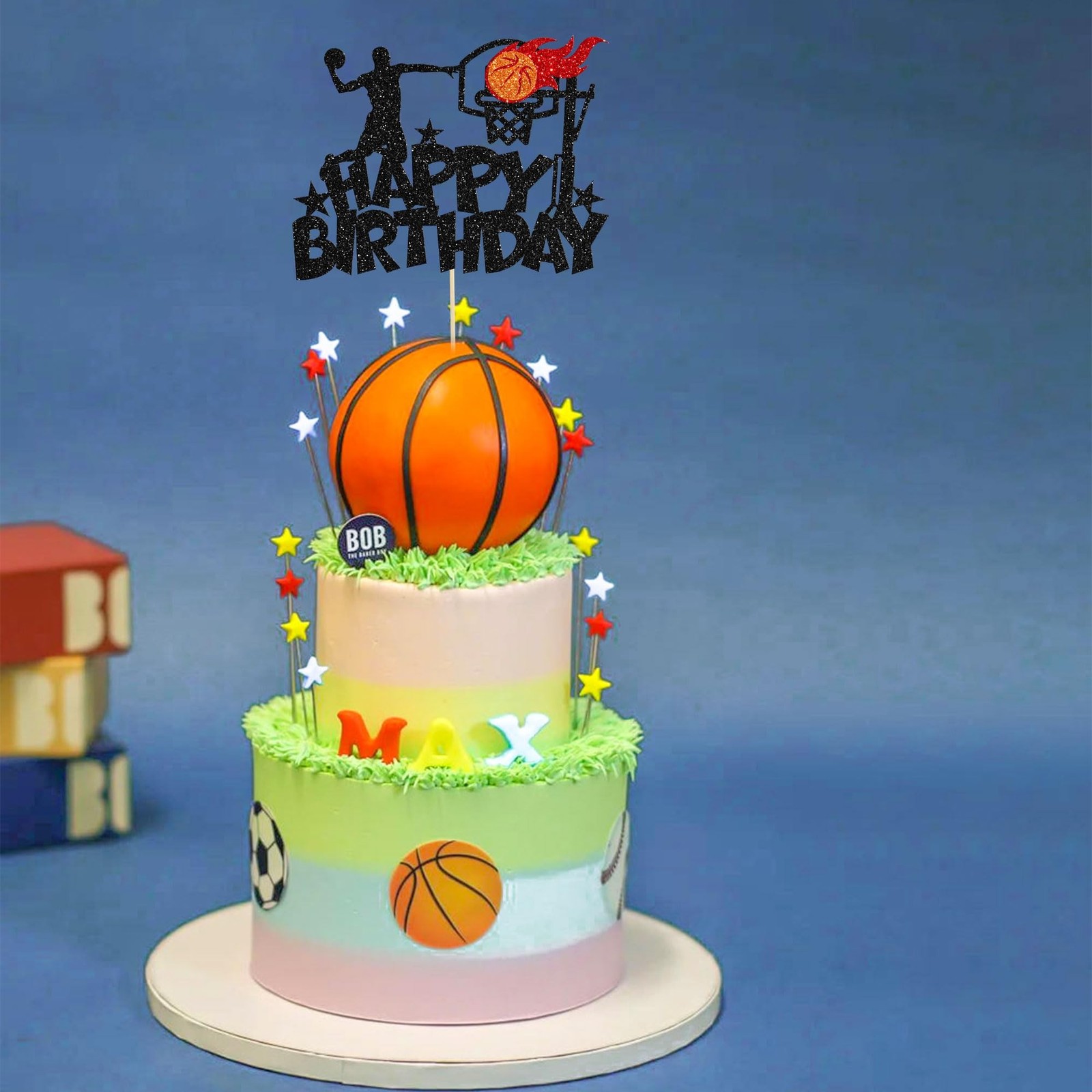 1Pc Basketball Happy Birthday Cake Topper Glitter Basketball Sports Theme Bir…