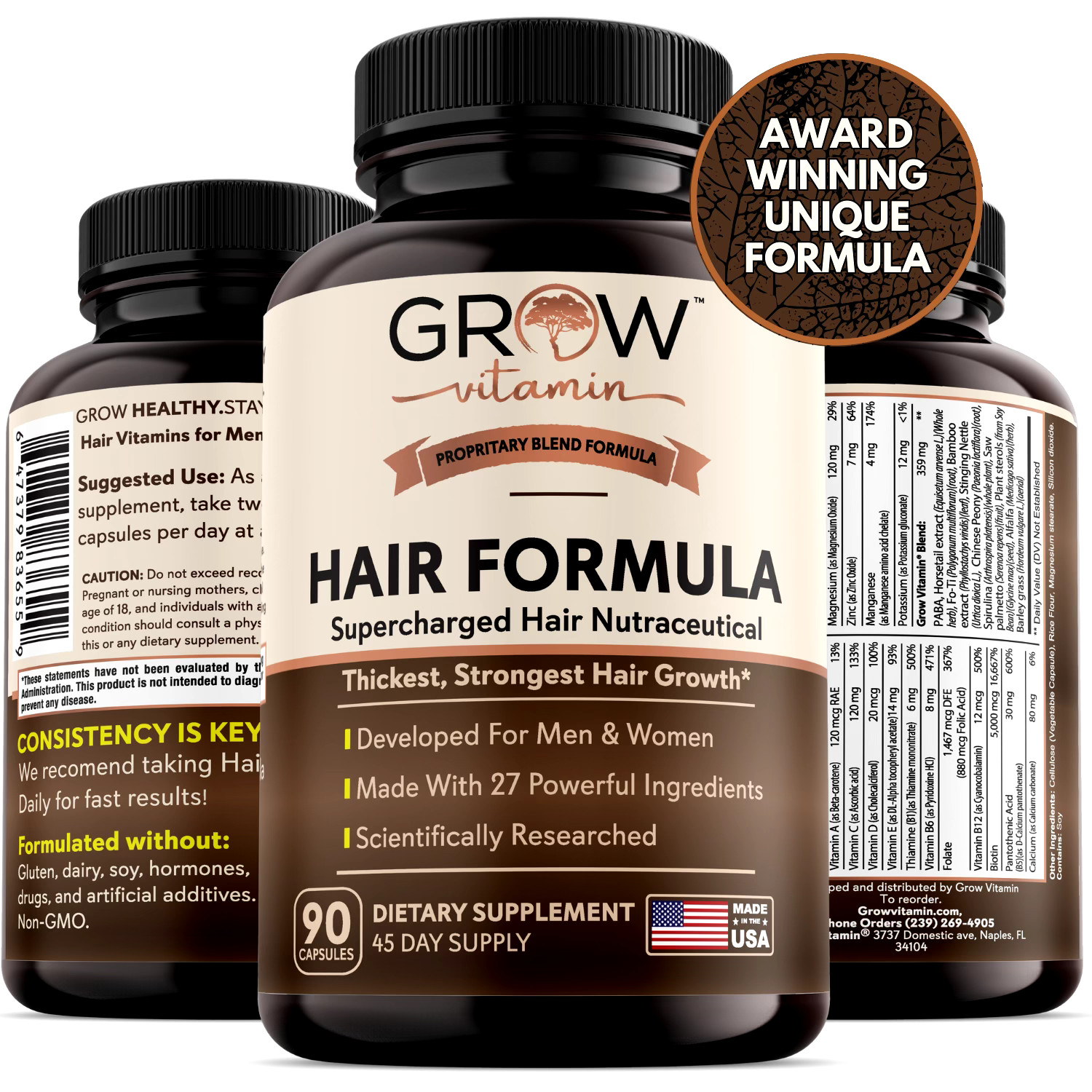 Grow Vitamin Hair Formula with 27 Ingredients- Thickest, Strongest Hair Growth