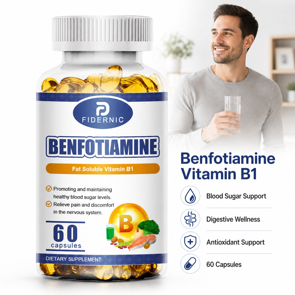 Benfotiamine 60 Capsules Fat Soluble Vitamin B1 Supplement