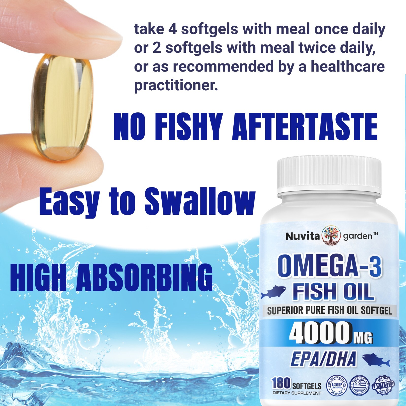 (2pack) 4000mg Omega-3 180 Softgels Triple Strength Burpless Fish Oil Supplement