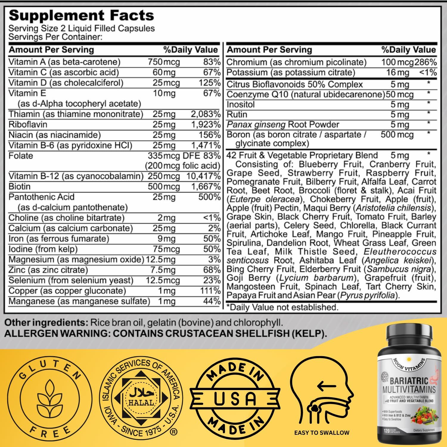 Bariatric Multivitamin with Iron 120 Capsules Women Men Superfood Blend