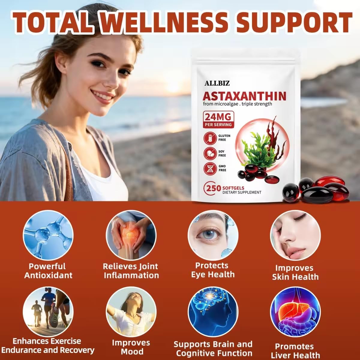 ALLBIZ Astaxanthin 24mg | 250 Softgels | 250-Day Supply 250 Count (Pack of 1)