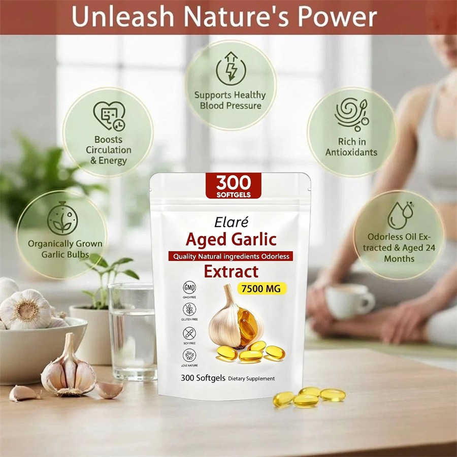 1-5X Elare Aged Garlic Extract, 300 Softgels, 7500mg Odorless | Heart & Immune