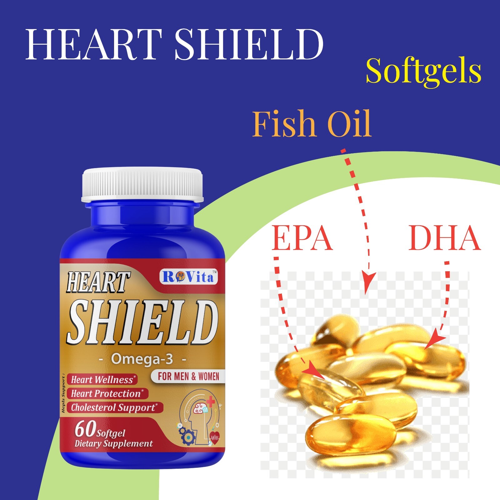 RoVita Omega 3 Fish Oil 1000mg EPA DHA Softgels Heart Brain Joint Health 60ct