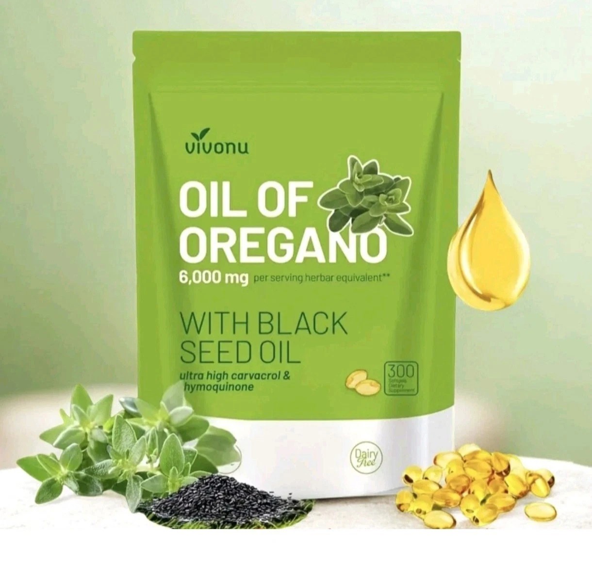 VivoNu Oil of Oregano W/ Black Seed Oil Organic Oregano Oil Softgels 300 Softgel