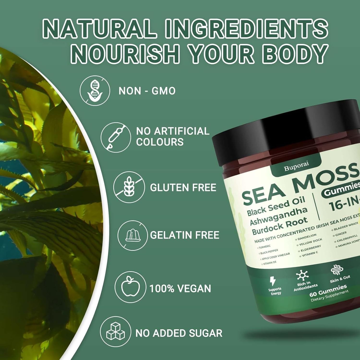 Natural Rems Sea Moss Gummies 16-in-1 – Ashwagandha Black Seed Oil Bladder Wrack