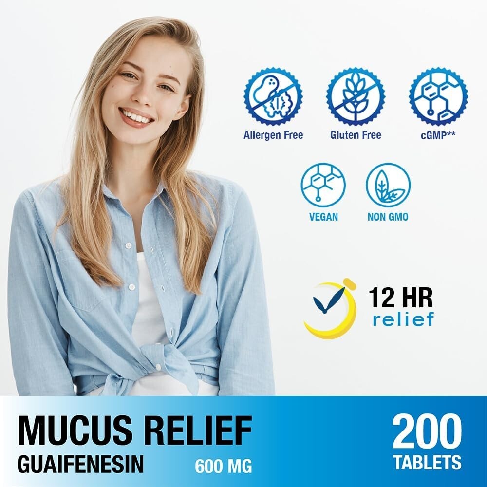 Puregen Labs Mucus Relief Expectorant 12 Hour Guaifenesin 600mg 200 Tablets
