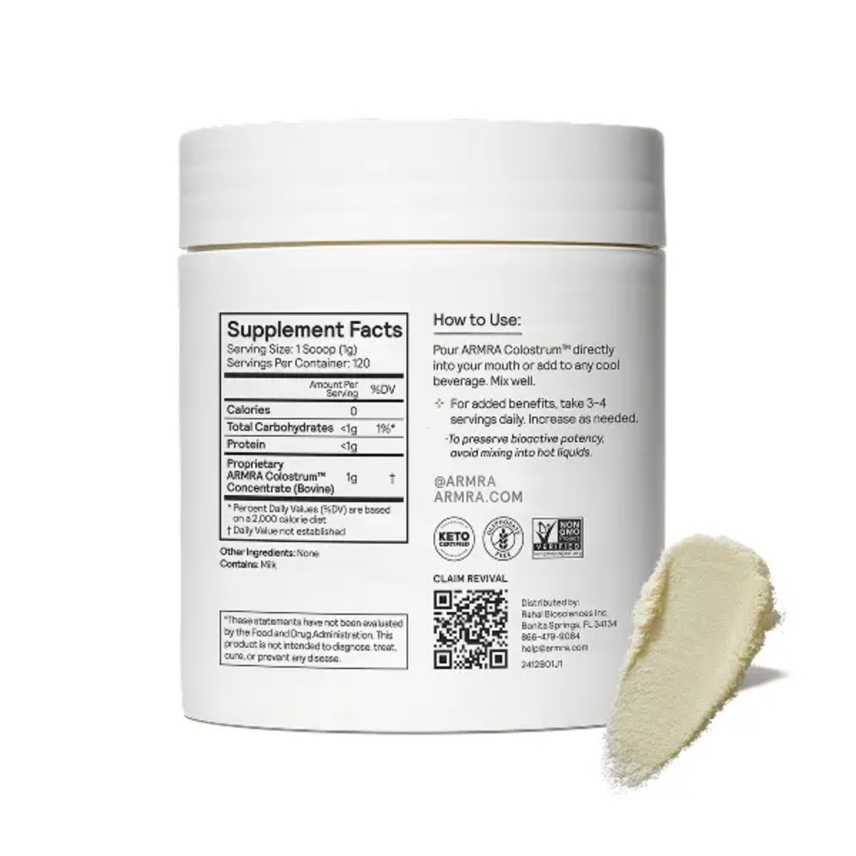 ARMRA Grass Fed Bovine Colostrum Powder Gut Immune Hair Skin Support 120 Serv