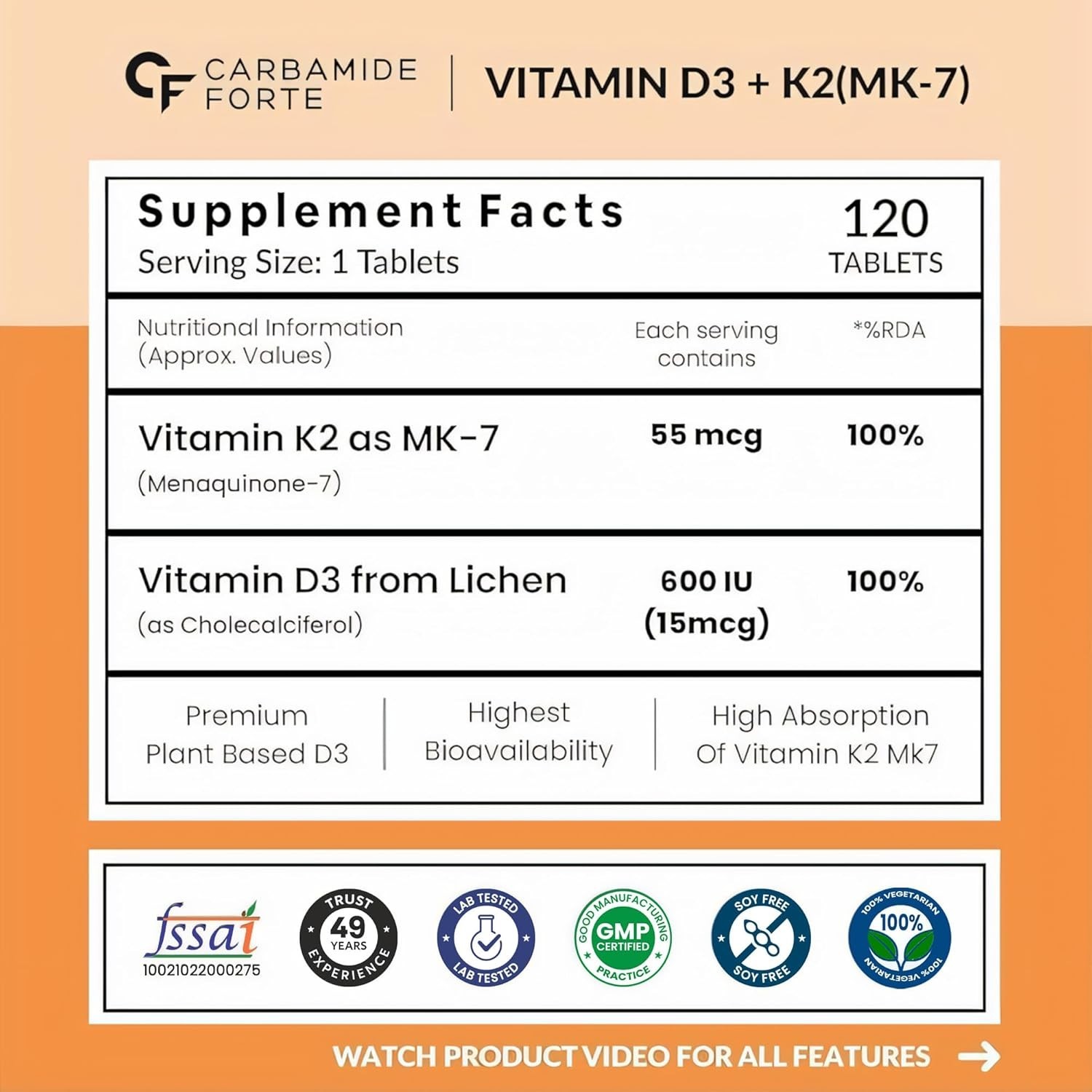 Carbamide Forte Vitamin D3 K2 Veg Lichen Tablets 120 Count Bone Support