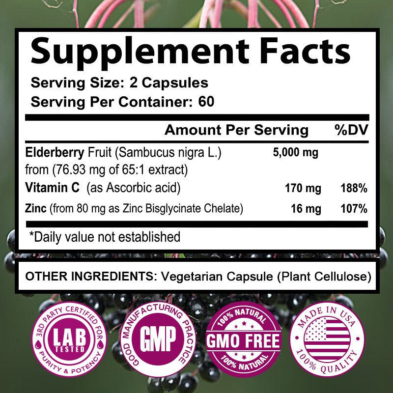 Elderberry 5000mg 120 Capsules For Immune System Health Contains Vitamin C Zinc