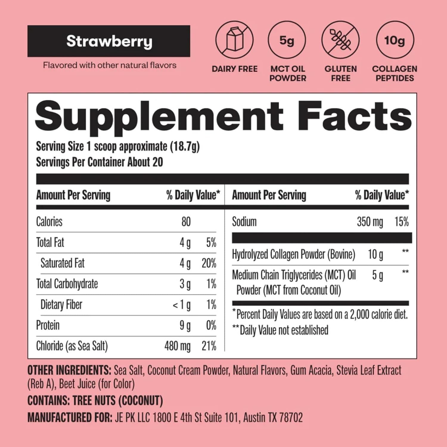 Grass Fed Collagen Powder Strawberry Flavor 0g Protein Low Carb Coffee Creamer