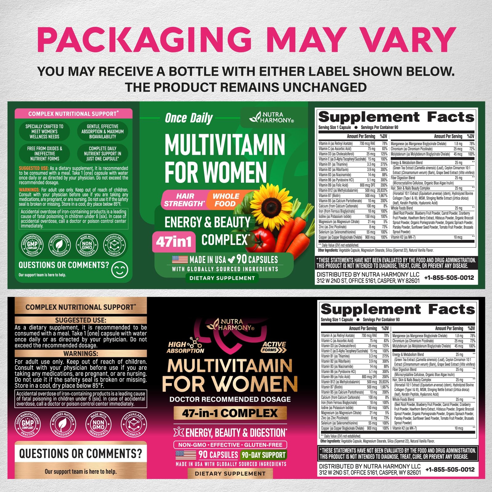 Multivitamin for Women 47-in-1 B-Complex Biotin D3 K2 Iron 90 Capsules 1/Day