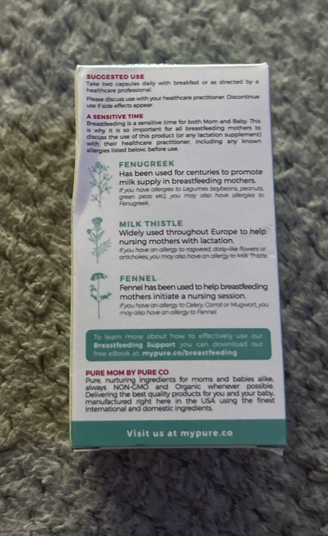 PureMom ~ Organic Lactation Support ~ 60 Caps ~ Sealed ~ 07/2025