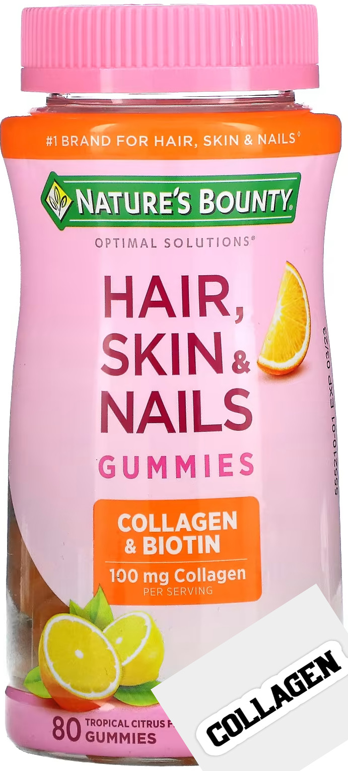 Nature’ Bounty Hair, Skin & Nails Gummies Biotin with Collagen, 80 Count, Orange