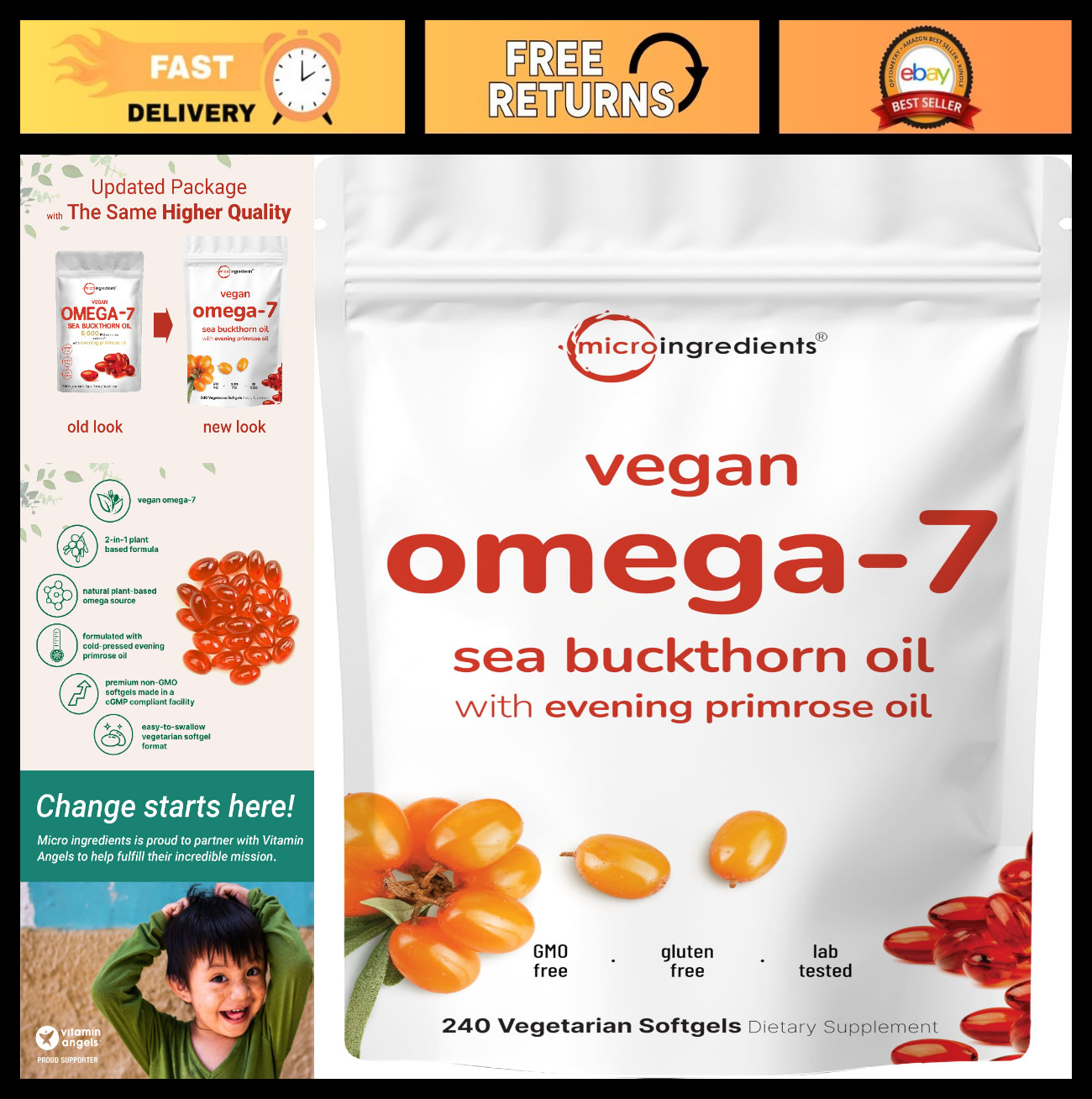 Vegan Omega-7 Sea Buckthorn & Evening Primrose Oil Softgels, Non-GMO, Gluten-Fre