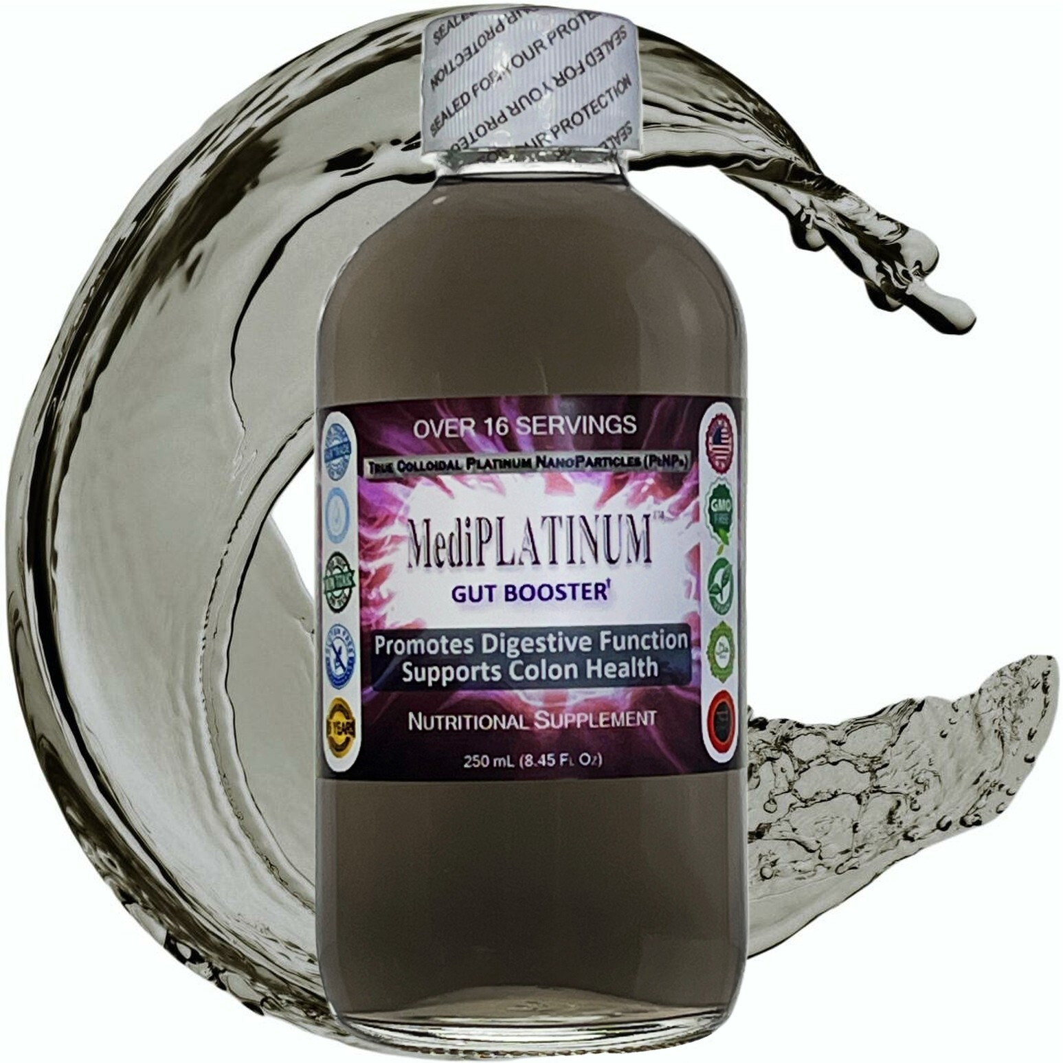 MediPLATINUM™ Gut Booster True Colloidal Platinum PtNP Nutrient: 250 mL in Glass