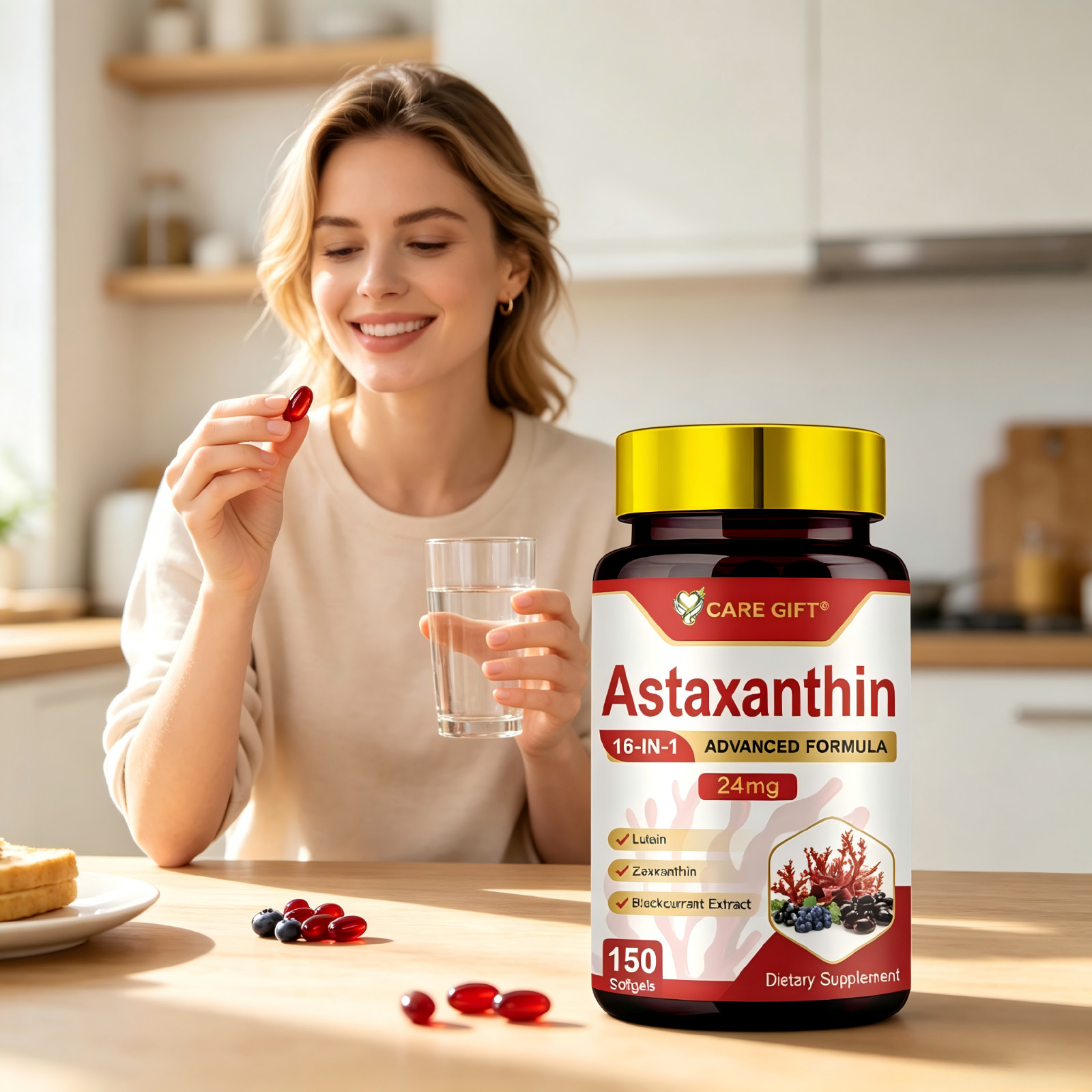 Premium Astaxanthin 24mg : 16-in-1 Eye, Skin & Brain Antioxidant,150 Softgels