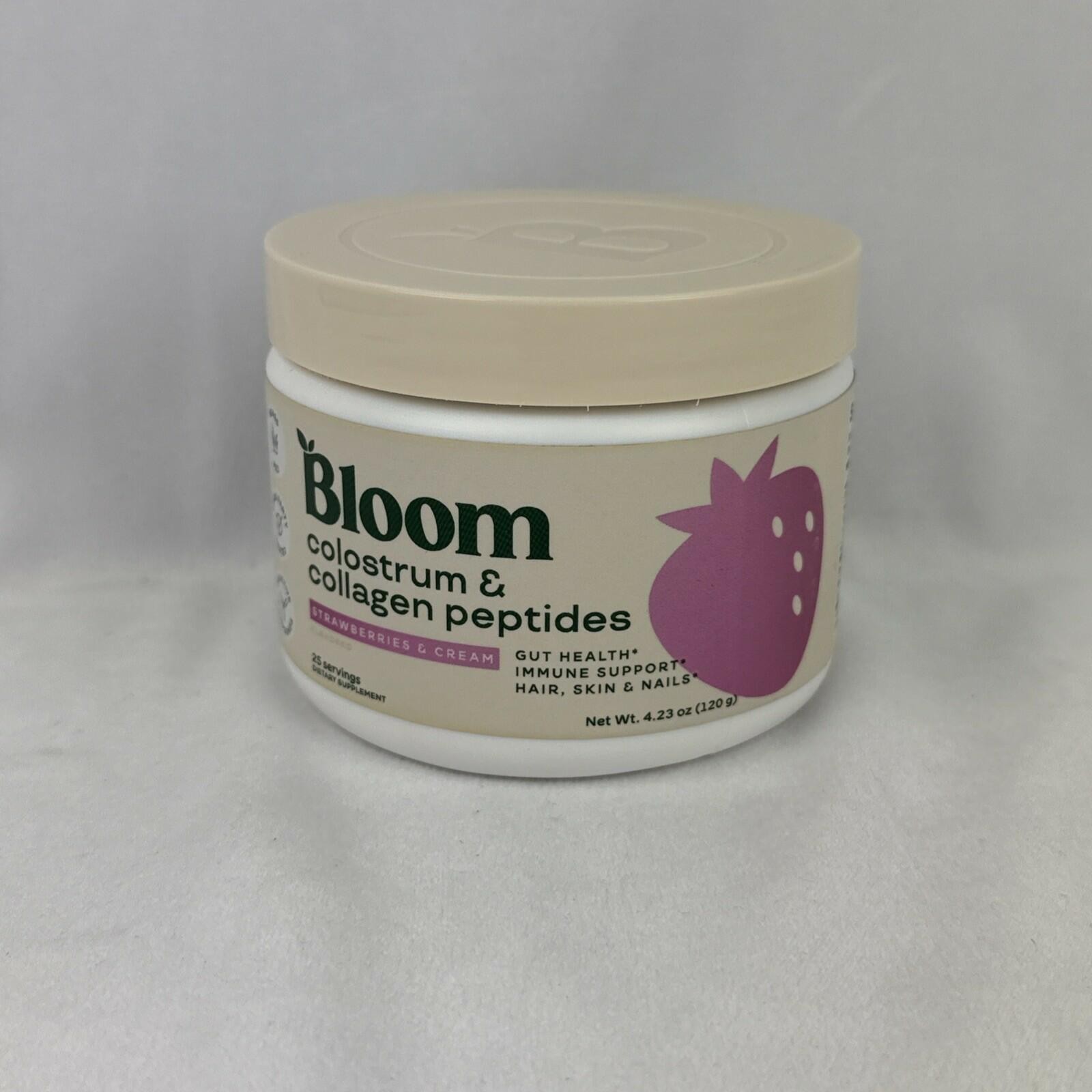 Bloom Colostrum & Collagen Peptides Strawberries & Cream 4.23 oz EXP 03/2027