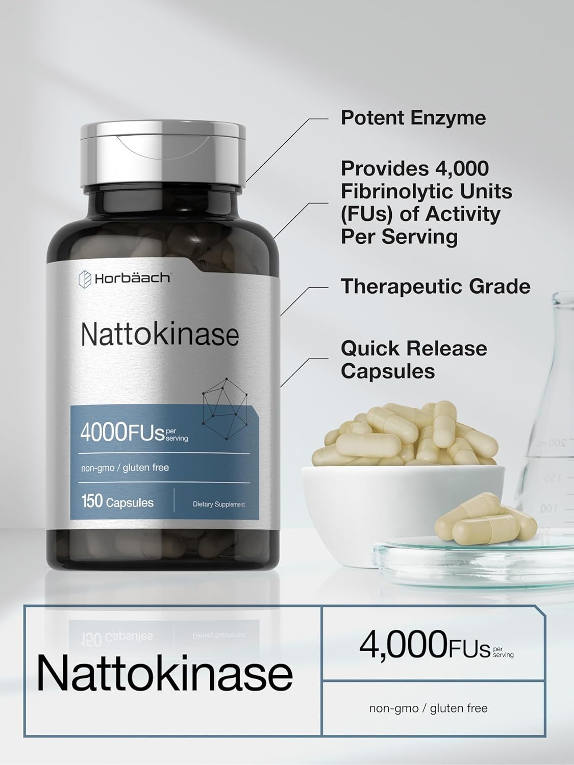 Nattokinase Capsules 4000 FU | 150 Count | Non-GMO, Gluten Free | by Horbaach
