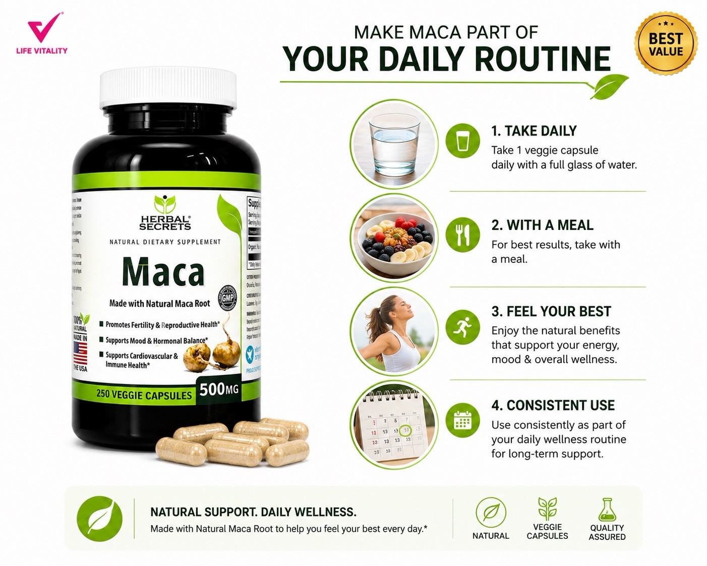 Maca Root 500mg 250 Veggie Capsules Herbal Supplement Daily Wellness