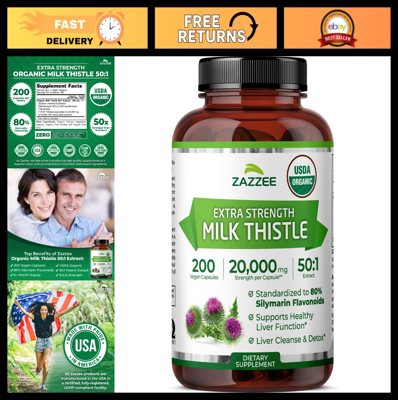 Organic Milk Thistle 50:1 Extract 200 Vegan Capsules | Liver Detox Support, Non-